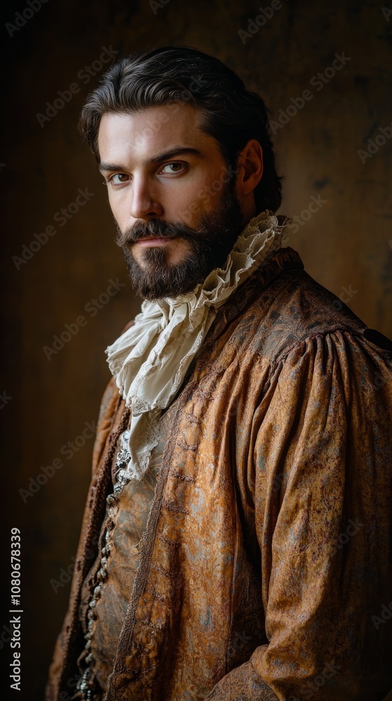 Naklejka premium Historical nobleman portrait wearing elegant clothes posing in vintage interior