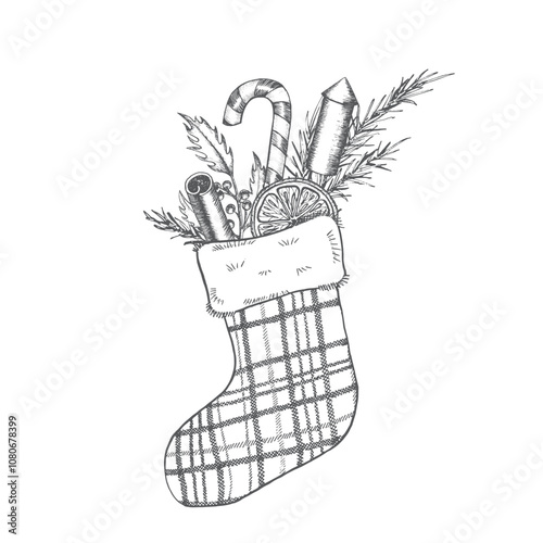 Christmas stocking with mandarin, candy and petard, spruce brunch. Graphics illustration. For Wrapping paper, dishes, New Year's textiles, postcards, gift. Outline vector