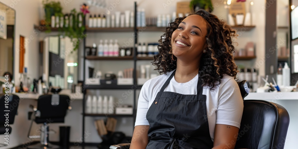 In a trendy and modern salon, a stylish and skilled female hairstylist is smiling cheerfully. She exudes professionalism and dedication to her career, creating a chic and inviting ambiance In a trendy and modern salon, a stylish and skilled female hairstylist is smiling cheerfully. She exudes professionalism and dedication to her career, creating a chic and inviting ambiance
