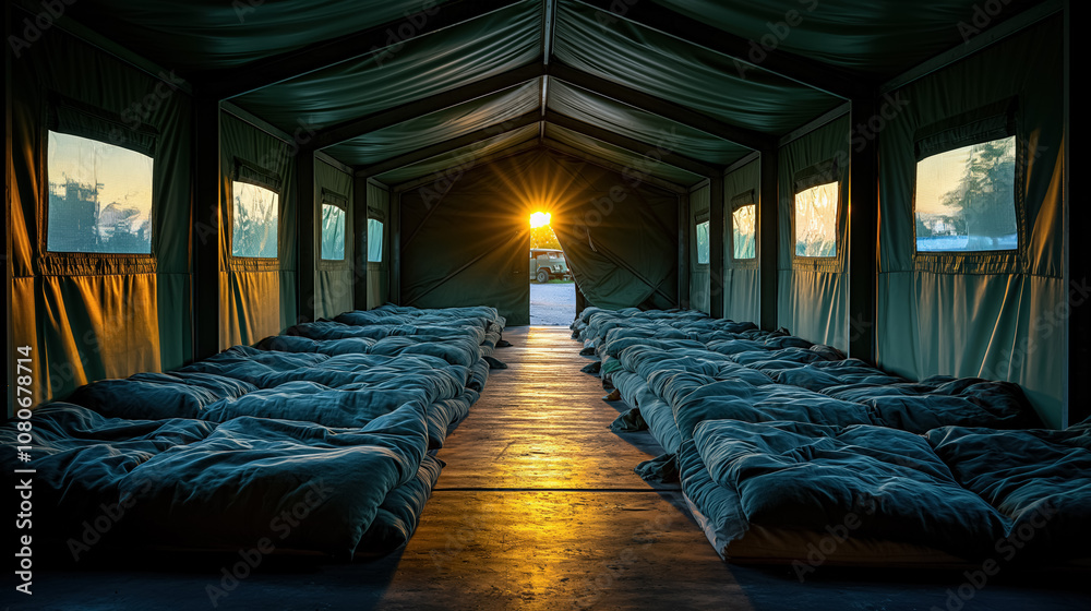 Fototapeta premium Sunset illuminating cozy sleeping bags inside tent