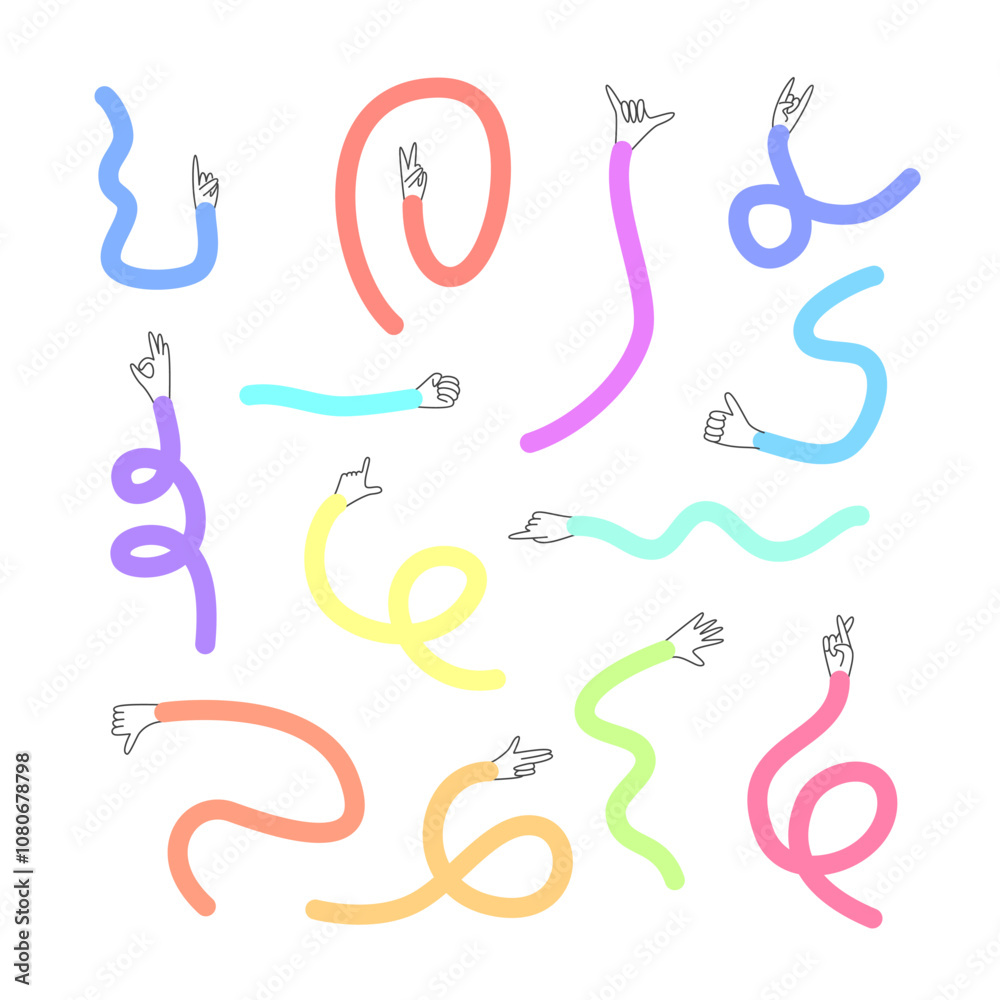 Obraz premium Cartoon Color Different Funny Long Hands Pointers or Indicators Set. Vector illustration of Flexible Color Arms
