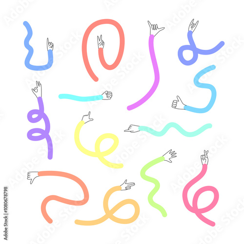 Cartoon Color Different Funny Long Hands Pointers or Indicators Set. Vector illustration of Flexible Color Arms