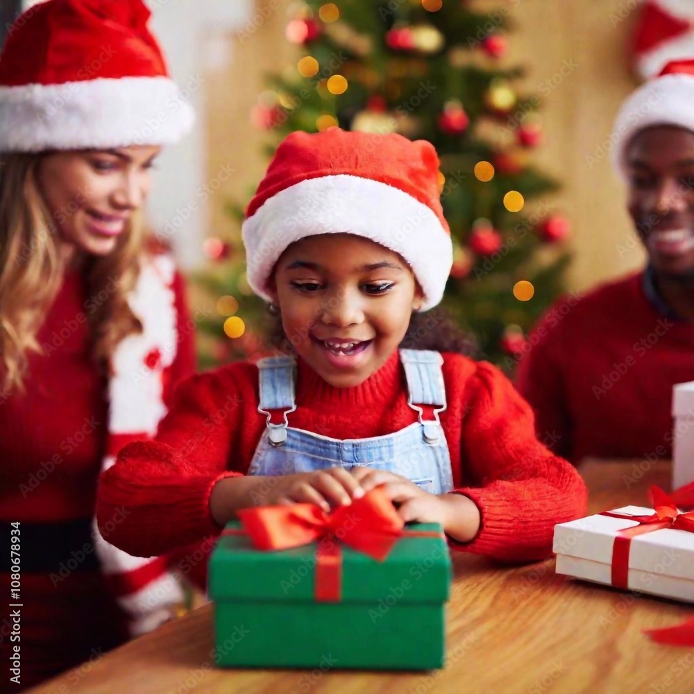 Portrait of happy child with excited expression unwrapping gift during Christmas party Portrait of happy child with excited expression unwrapping gift during Christmas party