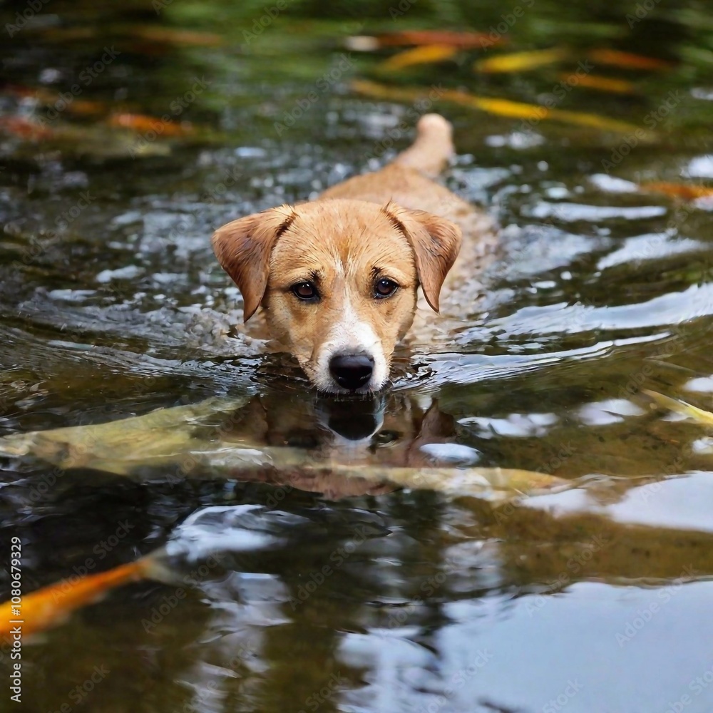 Puppy swimming in garden pond, closely observing colorful fish swimming beneath surface.