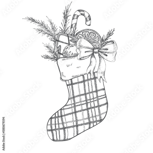 Christmas stocking with treats and bow, spruce brunch. Graphics illustration. For new year's Wrapping paper, postcards, print product, textiles, stickers. Outline vector.