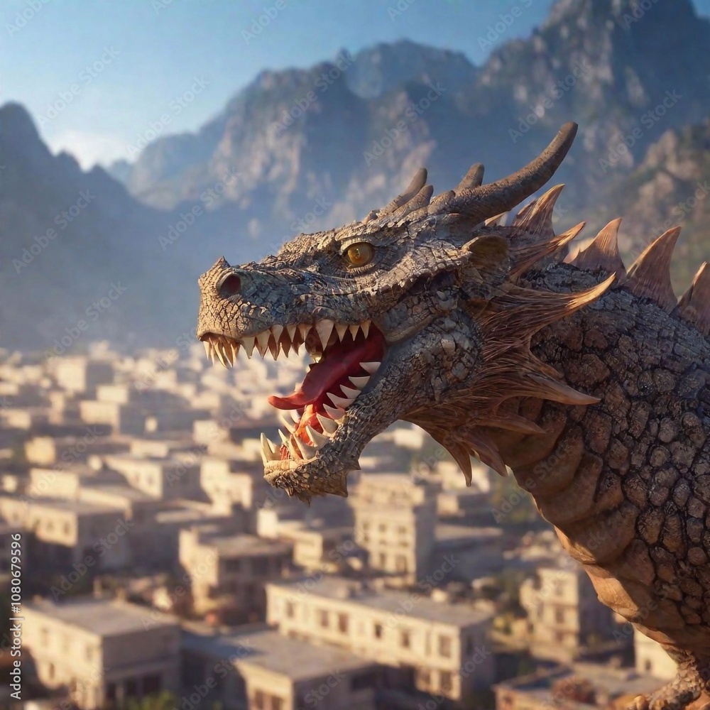 Fototapeta premium A colossal dragon soaring above an ancient city