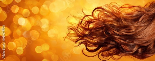 A vibrant image showcasing luscious, wavy hair against a shimmering golden backdrop, capturing a sense of motion and beauty. photo