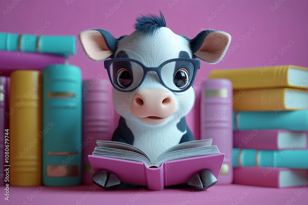 A cheerful cartoon cow character sits reading a book amid colorful stacked books, perfect for winter-themed children's education materials, holiday promotions, or cozy reading campaigns. A cheerful cartoon cow character sits reading a book amid colorful stacked books, perfect for winter-themed children's education materials, holiday promotions, or cozy reading campaigns.