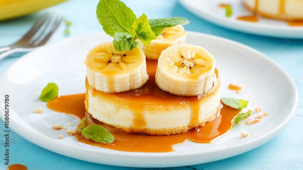 Elegant Banana Dessert with Caramel Sauce Arranged on White Plate Elegant Banana Dessert with Caramel Sauce Arranged on White Plate