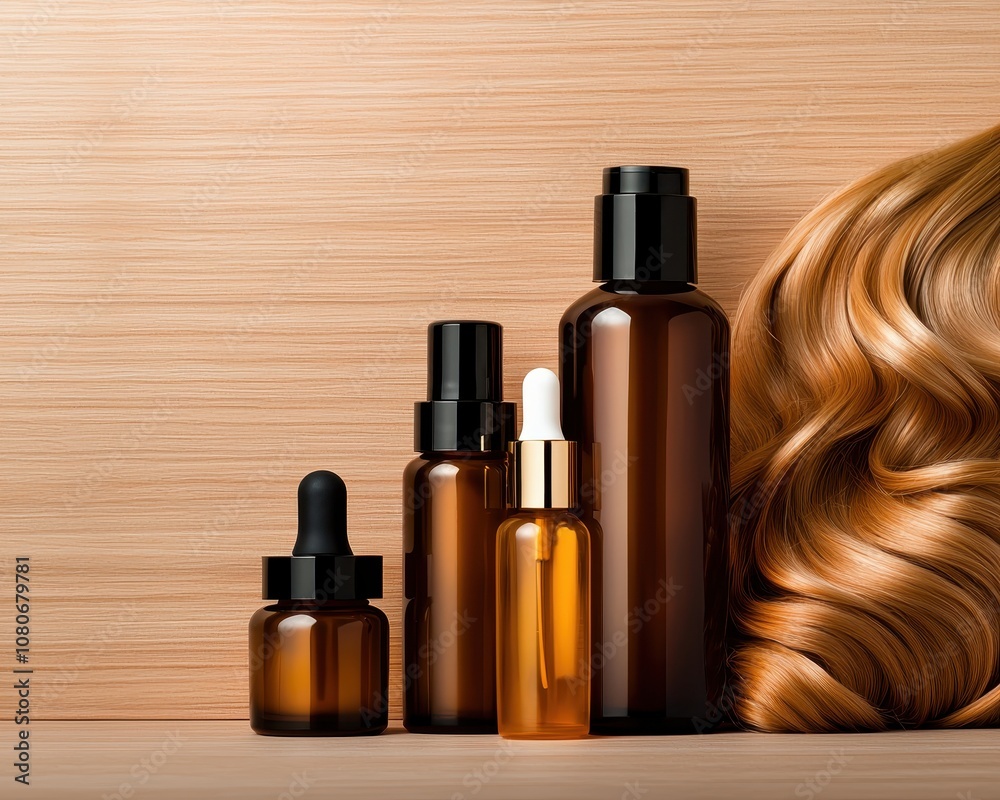 Naklejka premium The image features various amber glass bottles of hair care products alongside a luxurious golden hair strand on a wooden surface.