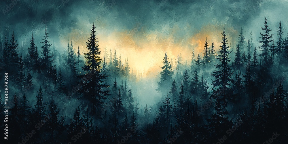 Naklejka premium A serene winter woodland scene with misty silhouettes, perfect for winter-themed textiles or decor, evoking tranquility and nature's beauty.