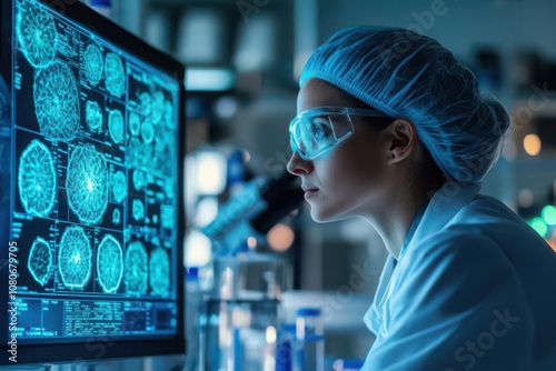 Biotechnologist observing cell cultures on lab screen, complex lab equipment, scientific investigation, biological study concepts photo