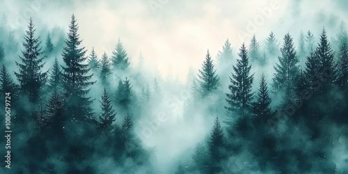 Ethereal misty forest scene perfect for winter-themed designs, cozy decor, and holiday marketing. Ideal for wallpaper, textiles, and serene atmospheres.