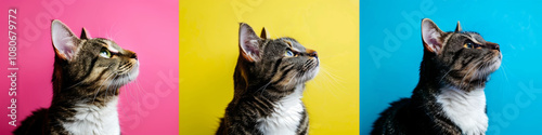 A series of cat portraits against bright, colorful backgrounds.