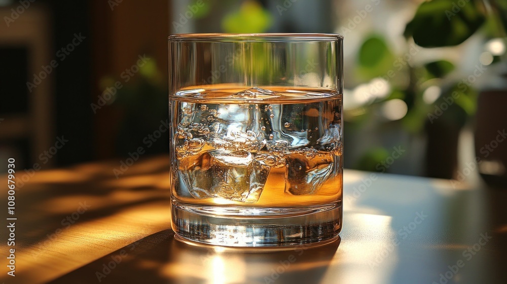 A glass of amber liquid with ice cubes on a wooden table. A glass of amber liquid with ice cubes on a wooden table.