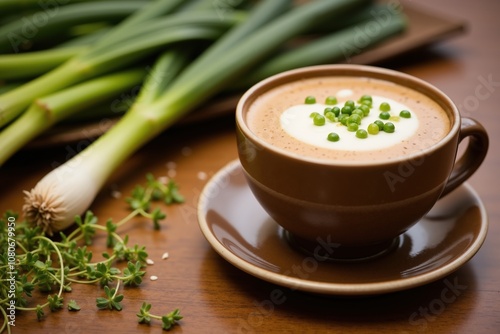 Creamy coffee with chives garnish next to fresh green onions on wooden table.