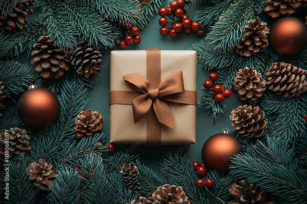 A cozy Christmas flat lay featuring a wrapped gift, pine cones, evergreen branches, and red ornaments, perfect for holiday promotions and seasonal greetings. A cozy Christmas flat lay featuring a wrapped gift, pine cones, evergreen branches, and red ornaments, perfect for holiday promotions and seasonal greetings.