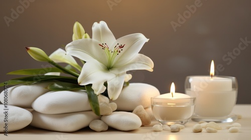 An elegant spa arrangement showcasing a table with a delicate white lily, rounded stones, and flickering candles, all bathed in soft