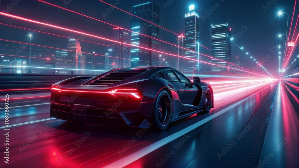 Futuristic sports car racing through neon-lit cityscape at night Futuristic sports car racing through neon-lit cityscape at night