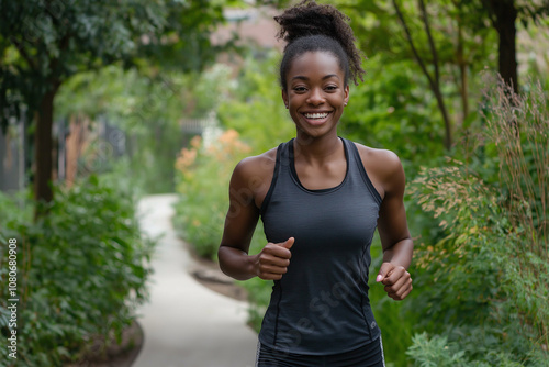 a smiling young woman jogging on a city trail, surrounded by greenery