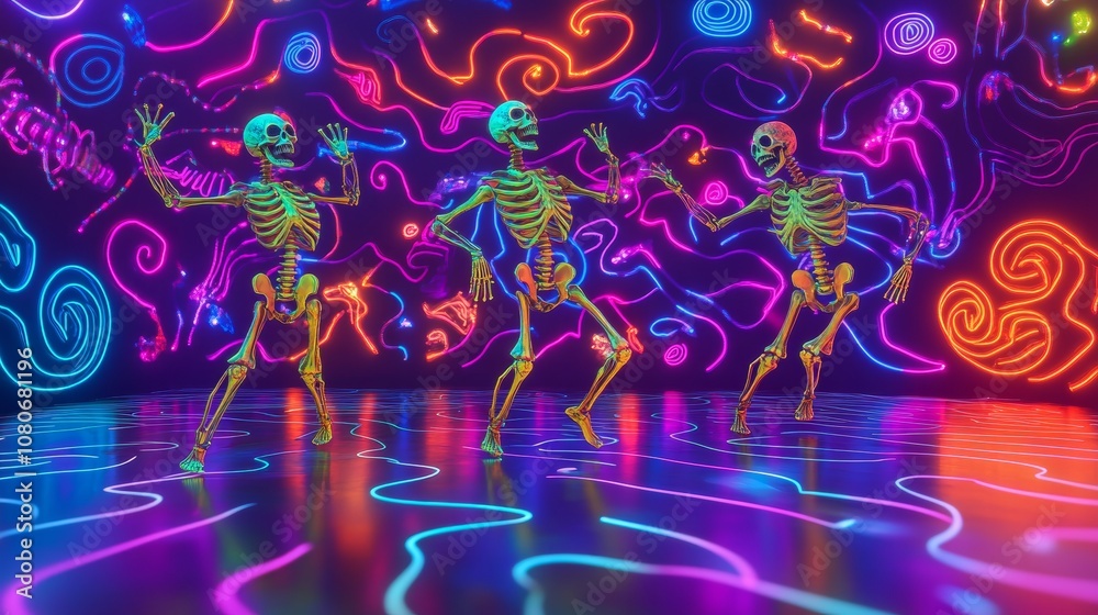 Obraz premium Skeletons dancing in neon-lit room for halloween party