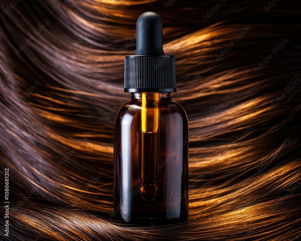 Fototapeta premium A dropper bottle sits in front of flowing, illuminated hair, showcasing a beauty product designed for hair care.