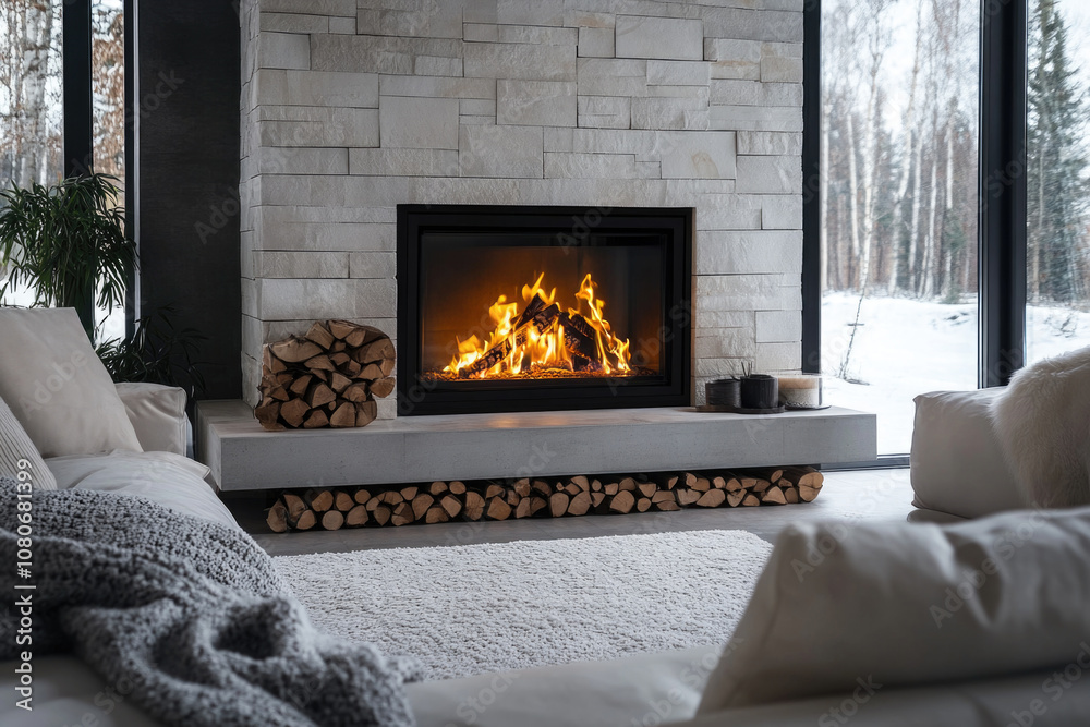 Fototapeta premium Minimalist living room interior with with burning fire in modern fireplace