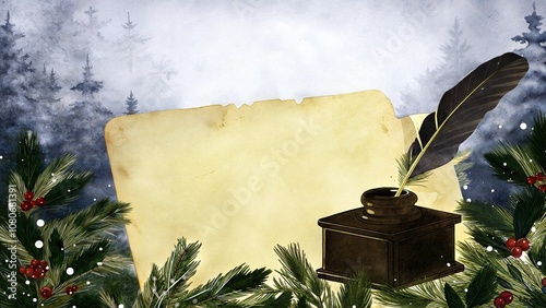 Antique inkwell and feather pen with winter foliage for for Christmas and New Year's background design with copy space
