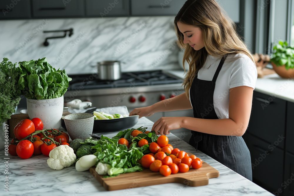 a woman preparing a healthy salad with various fresh vegetables on a countertop a woman preparing a healthy salad with various fresh vegetables on a countertop