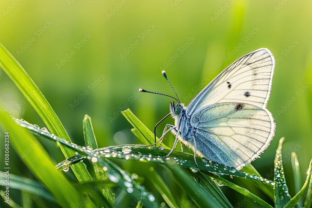 A delicate white butterfly rests on dewy green grass, showcasing serene beauty in a tranquil natural setting.