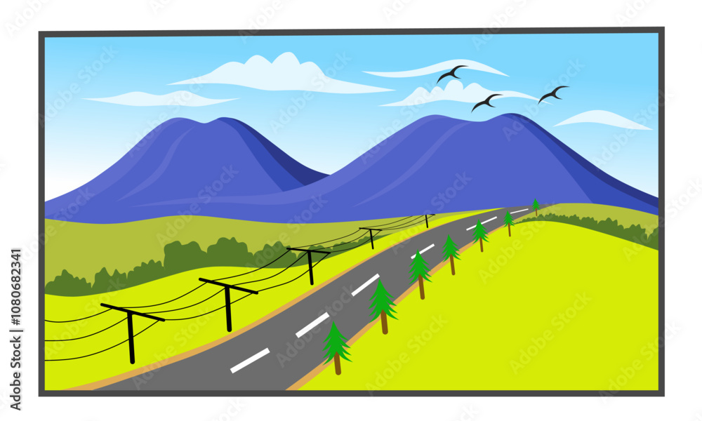 Fototapeta premium Vector illustration of a beautiful rural road scenery crossing green fields with mountains in the background, power lines on the side of the road and birds flying in the blue sky.