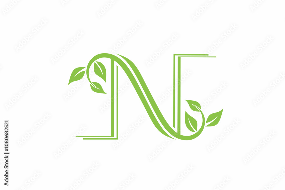 Elegant Letter N logo vector design with nature-inspired green design with decorative leaves. Perfect for eco-friendly branding, environmental themes, and artistic typography projects. Elegant Letter N logo vector design with nature-inspired green design with decorative leaves. Perfect for eco-friendly branding, environmental themes, and artistic typography projects.