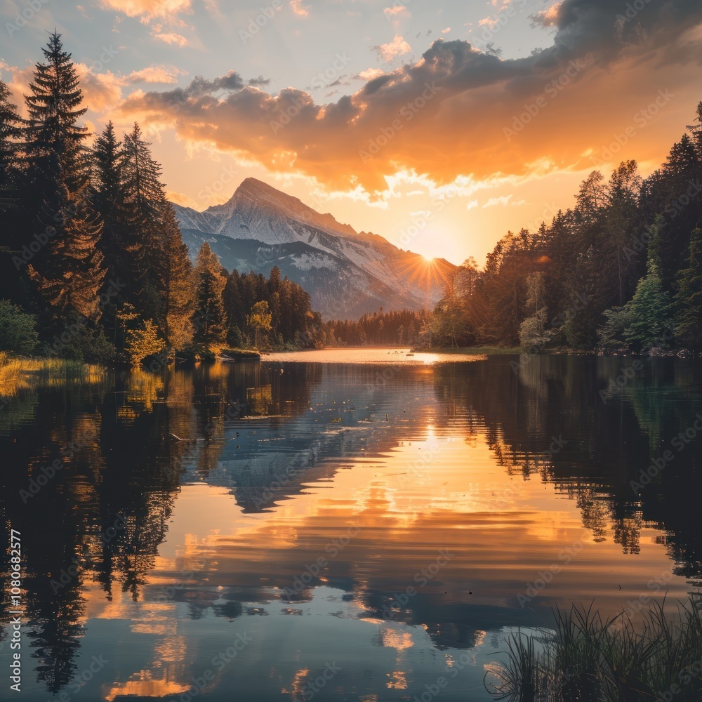 A serene mountain lake reflecting the golden light of a sunset, with lush green trees lining the shore. A serene mountain lake reflecting the golden light of a sunset, with lush green trees lining the shore.