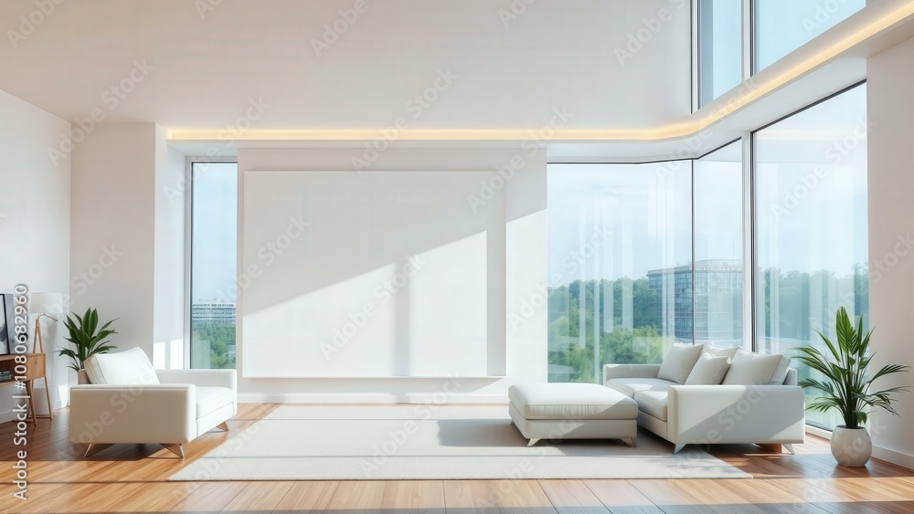 Fototapeta premium Modern Minimalist Living Room with Large Windows Overlooking Scenic Nature, Perfect for Relaxation and Inspiration