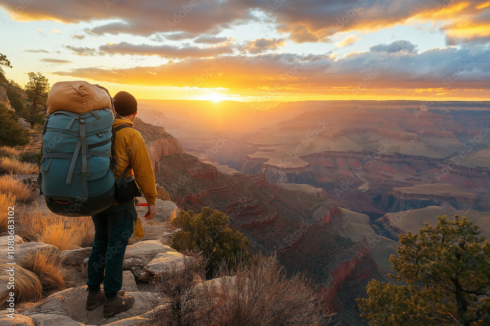 Fototapeta premium a solo traveler with a large backpack looking over a canyon at sunrise