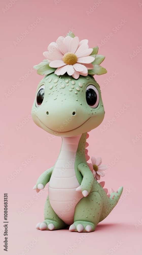 Adorable green baby dinosaur wearing pink flowers on pink background