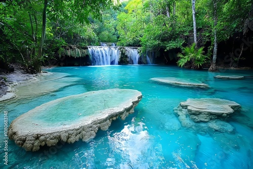 Lush green forest with cascading waterfalls in clear turquoise water, serene natural landscape in high-definition photography