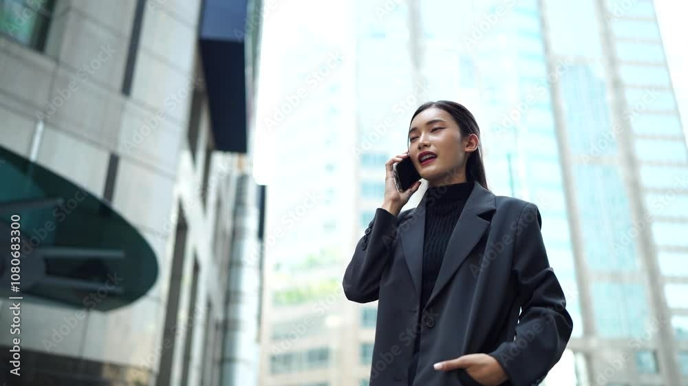 Two young Asian businesswomen outside their company with a skyscraper in the background. Two young Asian businesswomen outside their company with a skyscraper in the background.