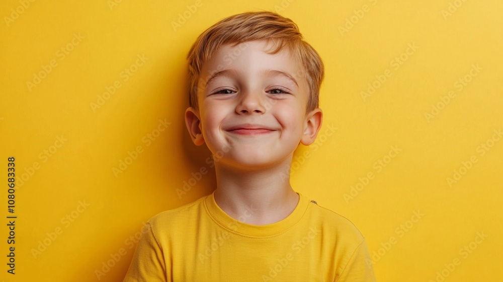 A cheerful young boy smiles brightly against a vibrant yellow background, showcasing a playful and joyful expression during a sunny day A cheerful young boy smiles brightly against a vibrant yellow background, showcasing a playful and joyful expression during a sunny day