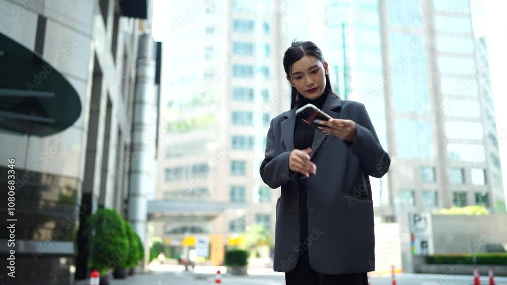 Two young Asian businesswomen outside their company with a skyscraper in the background. Two young Asian businesswomen outside their company with a skyscraper in the background.