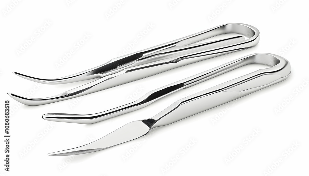 Two shiny, stainless steel dental instruments isolated on white background. Two shiny, stainless steel dental instruments isolated on white background.