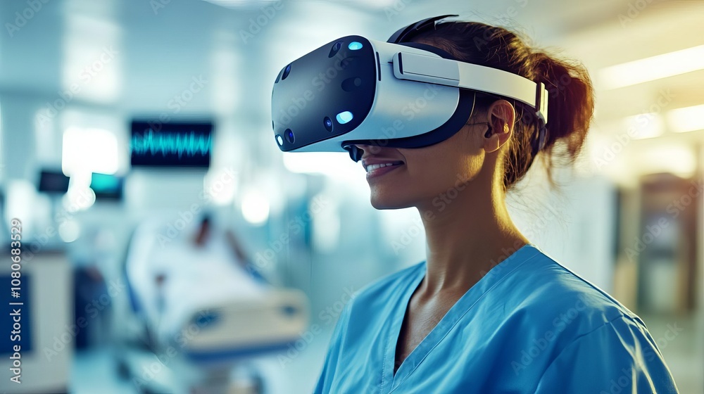 Healthcare specialist using a VR headset to simulate patient conditions, VR training, technology
