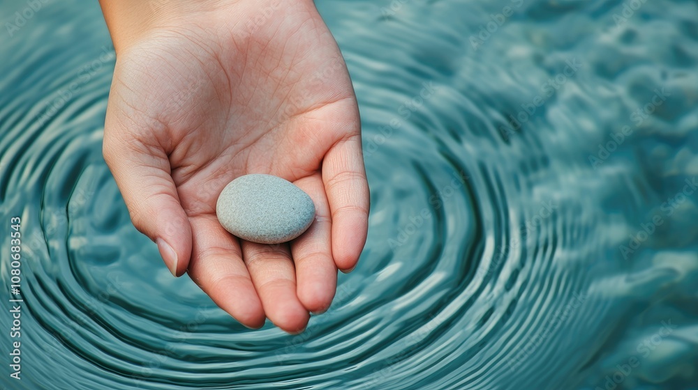 A hand holding a smooth stone above rippling water, capturing a serene moment of connection between nature and human touch. A hand holding a smooth stone above rippling water, capturing a serene moment of connection between nature and human touch.