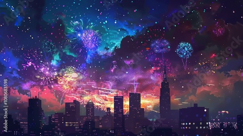 A colorful background with fireworks bursting over a city skyline, creating a vibrant and energetic atmosphere