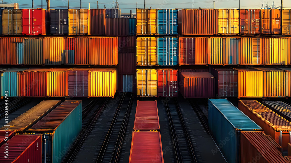 Fototapeta premium Golden sunlight reflects off colorful shipping containers, neatly arranged along railway tracks, symbolizing global trade and synchronized logistics.