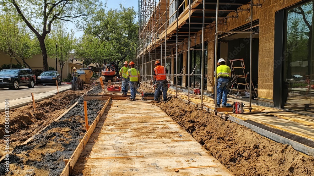 Construction Workers Laying Down Concrete on Sidewalk in Front of New Building Construction Workers Laying Down Concrete on Sidewalk in Front of New Building