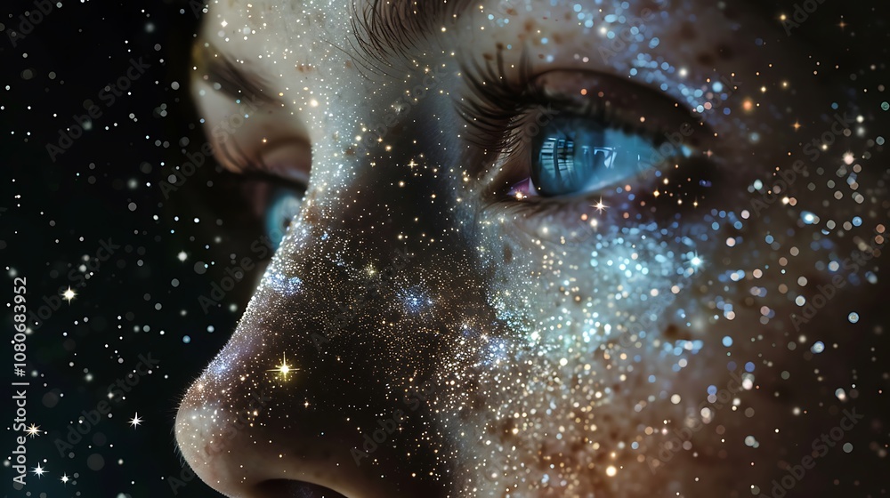 A close-up of a face with a cosmic starry effect, symbolizing imagination or dreams. A close-up of a face with a cosmic starry effect, symbolizing imagination or dreams.