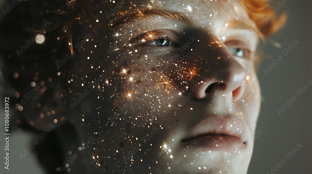 A close-up of a person's face with a cosmic starry overlay, symbolizing connection to the universe. A close-up of a person's face with a cosmic starry overlay, symbolizing connection to the universe.
