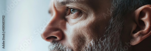 Profile of a thoughtful mature man with grey hair and beard gazing towards a bright area, conveying a sense of hope, concern, and deep contemplation