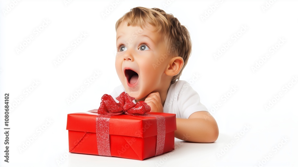 A Little Boy with an Excited Expression Looking at a Bright Red Gift Box on a White Background Captured in a Joyful Moment of Anticipation and Wonder A Little Boy with an Excited Expression Looking at a Bright Red Gift Box on a White Background Captured in a Joyful Moment of Anticipation and Wonder